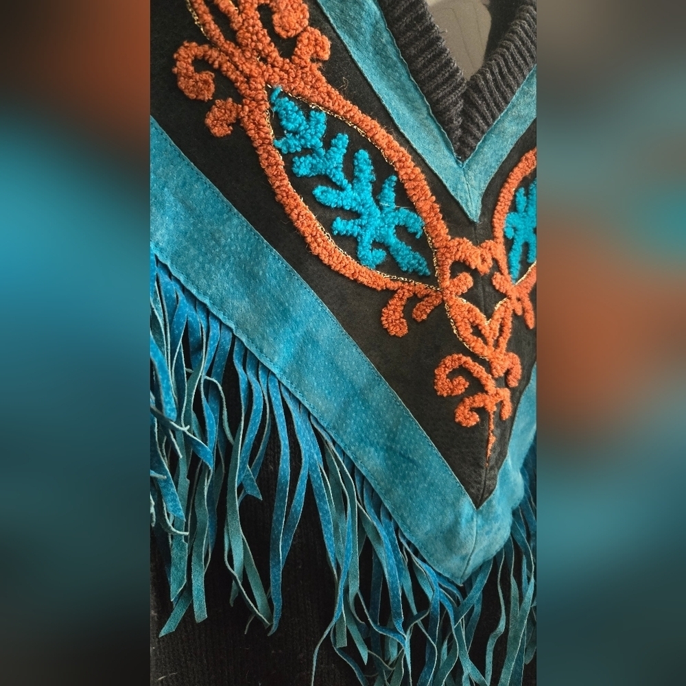 90's Vintage Western Sweater Leather Fringe & Embroidery Black Teal EUC - Picture 3 of 4